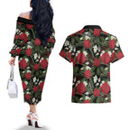 Australia Waratah Flannel Flower Couples Matching Off The Shoulder Long Sleeve Dress and Hawaiian Shirt Aussie Native Flowers Seamless Stylized - Aussie Hoodie