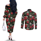 Australia Waratah Flannel Flower Couples Matching Off The Shoulder Long Sleeve Dress and Long Sleeve Button Shirt Aussie Native Flowers Seamless Stylized - Aussie Hoodie