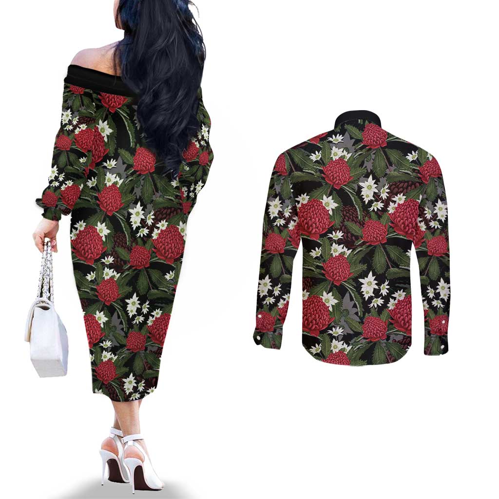 Australia Waratah Flannel Flower Couples Matching Off The Shoulder Long Sleeve Dress and Long Sleeve Button Shirt Aussie Native Flowers Seamless Stylized - Aussie Hoodie