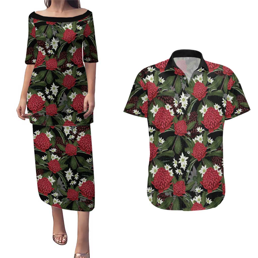 Australia Waratah Flannel Flower Couples Matching Puletasi and Hawaiian Shirt Aussie Native Flowers Seamless Stylized - Aussie Hoodie