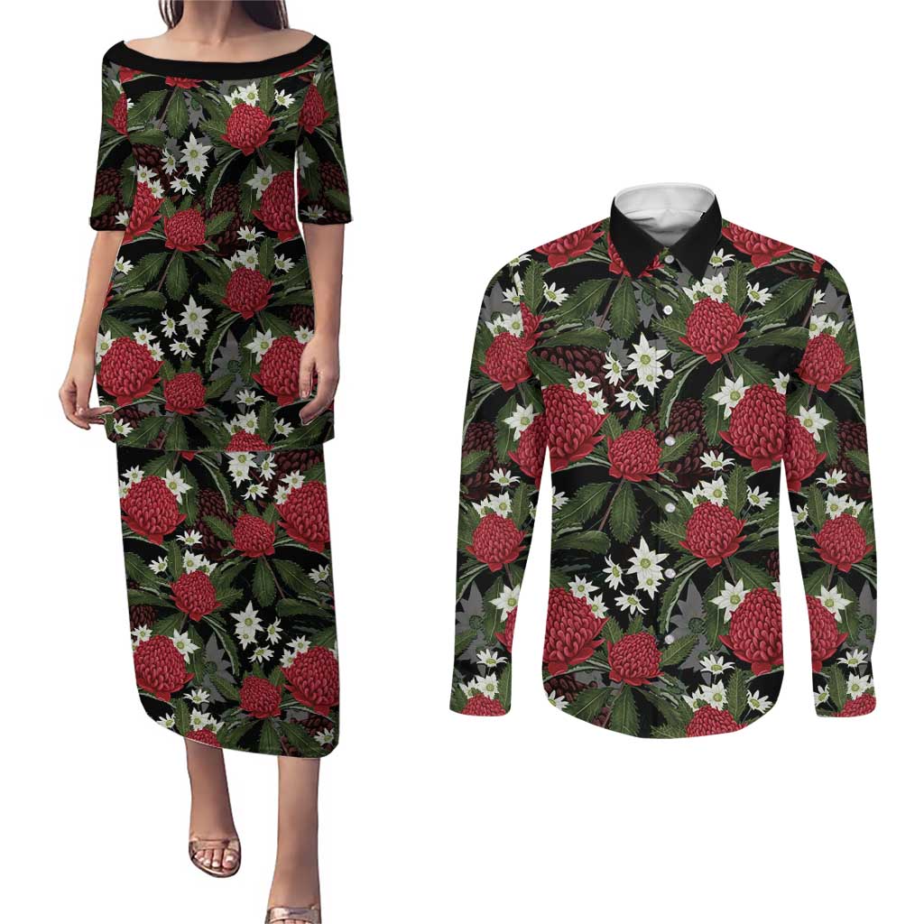 Australia Waratah Flannel Flower Couples Matching Puletasi and Long Sleeve Button Shirt Aussie Native Flowers Seamless Stylized - Aussie Hoodie