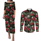 Australia Waratah Flannel Flower Couples Matching Puletasi and Long Sleeve Button Shirt Aussie Native Flowers Seamless Stylized - Aussie Hoodie