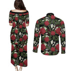 Australia Waratah Flannel Flower Couples Matching Puletasi and Long Sleeve Button Shirt Aussie Native Flowers Seamless Stylized - Aussie Hoodie