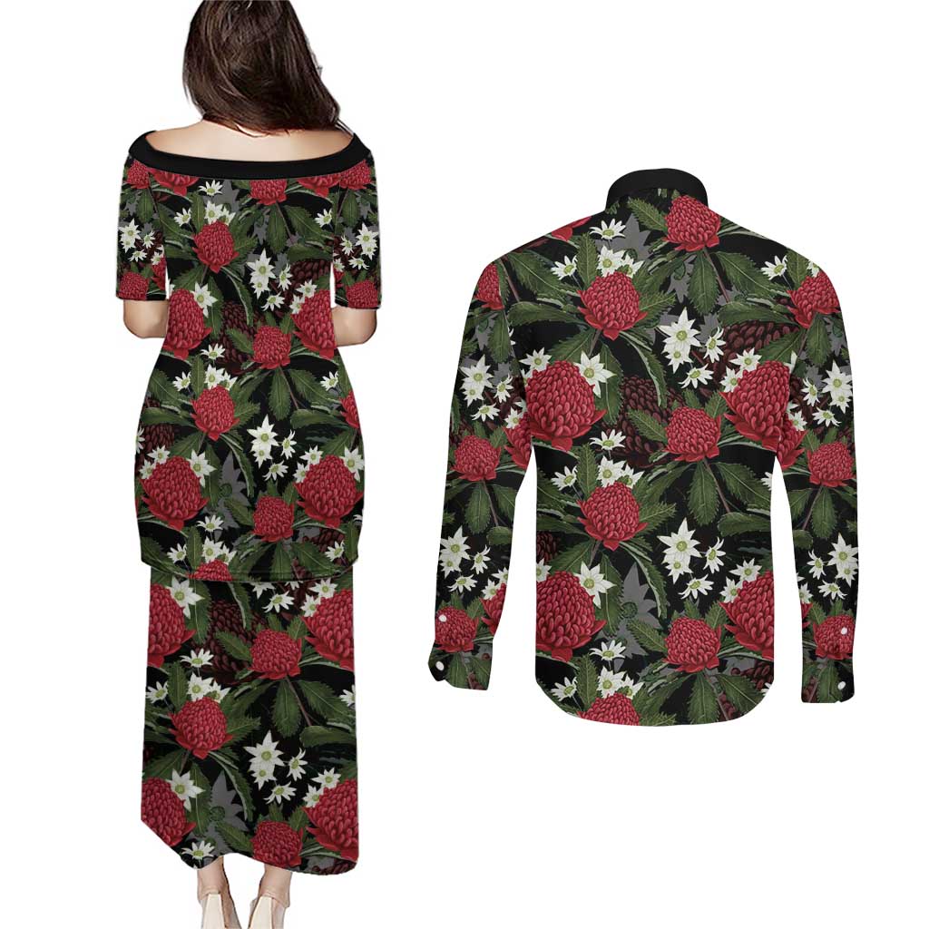 Australia Waratah Flannel Flower Couples Matching Puletasi and Long Sleeve Button Shirt Aussie Native Flowers Seamless Stylized - Aussie Hoodie