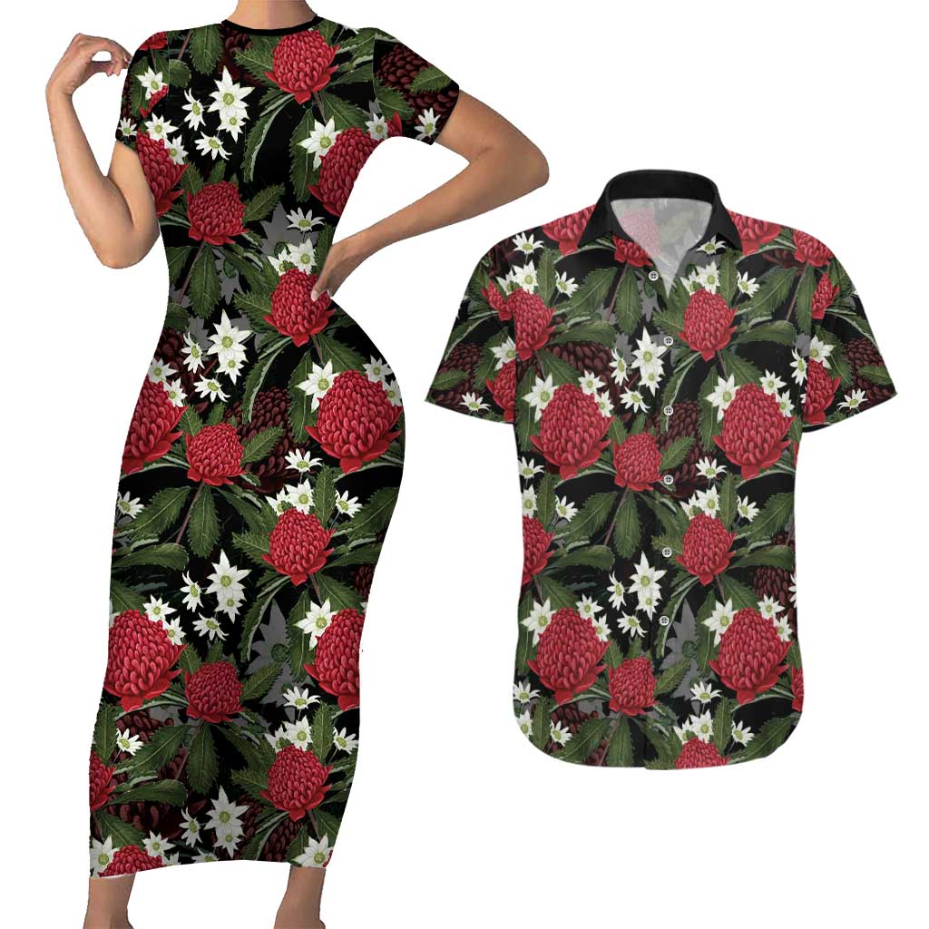 Australia Waratah Flannel Flower Couples Matching Short Sleeve Bodycon Dress and Hawaiian Shirt Aussie Native Flowers Seamless Stylized - Aussie Hoodie
