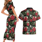 Australia Waratah Flannel Flower Couples Matching Short Sleeve Bodycon Dress and Hawaiian Shirt Aussie Native Flowers Seamless Stylized - Aussie Hoodie
