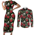 Australia Waratah Flannel Flower Couples Matching Short Sleeve Bodycon Dress and Long Sleeve Button Shirt Aussie Native Flowers Seamless Stylized - Aussie Hoodie