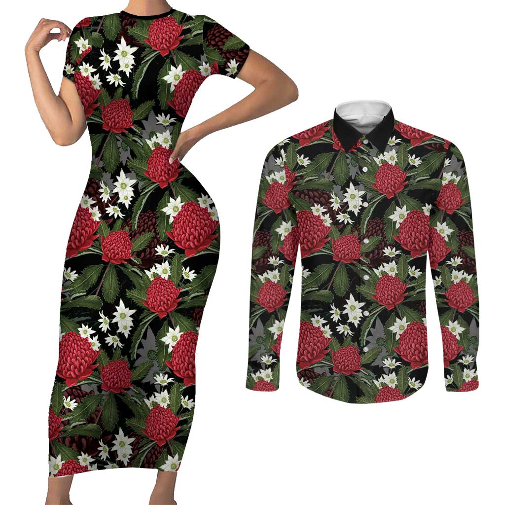 Australia Waratah Flannel Flower Couples Matching Short Sleeve Bodycon Dress and Long Sleeve Button Shirt Aussie Native Flowers Seamless Stylized - Aussie Hoodie