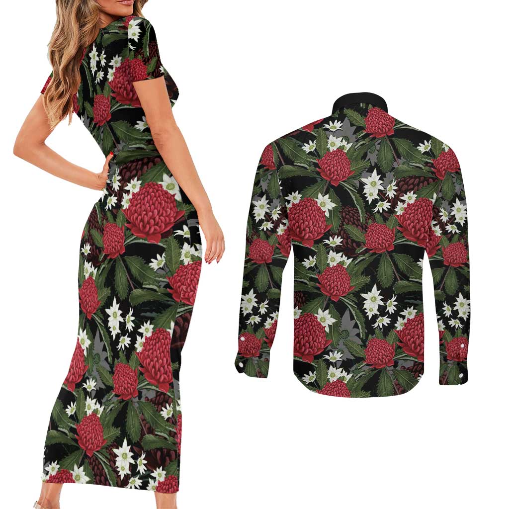Australia Waratah Flannel Flower Couples Matching Short Sleeve Bodycon Dress and Long Sleeve Button Shirt Aussie Native Flowers Seamless Stylized - Aussie Hoodie