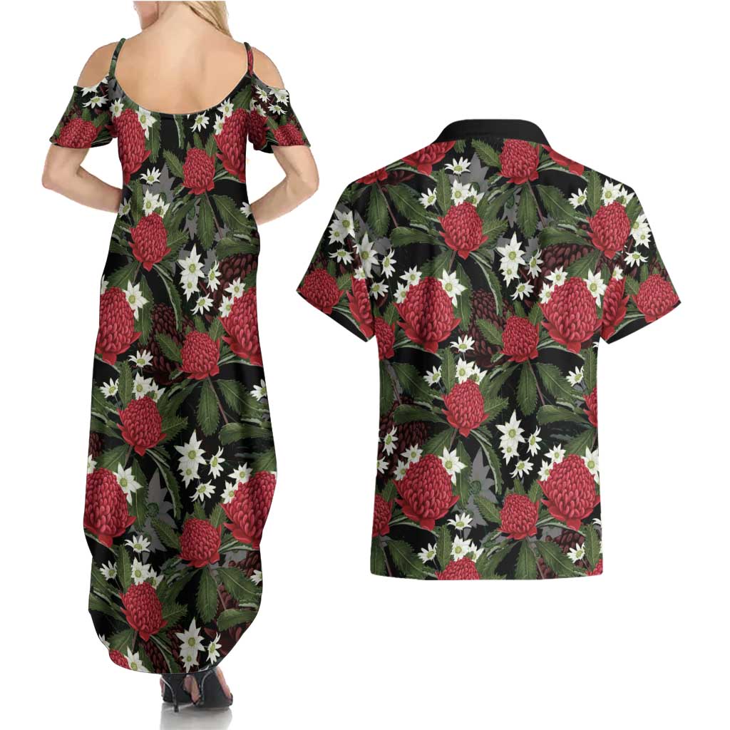 Australia Waratah Flannel Flower Couples Matching Summer Maxi Dress and Hawaiian Shirt Aussie Native Flowers Seamless Stylized - Aussie Hoodie