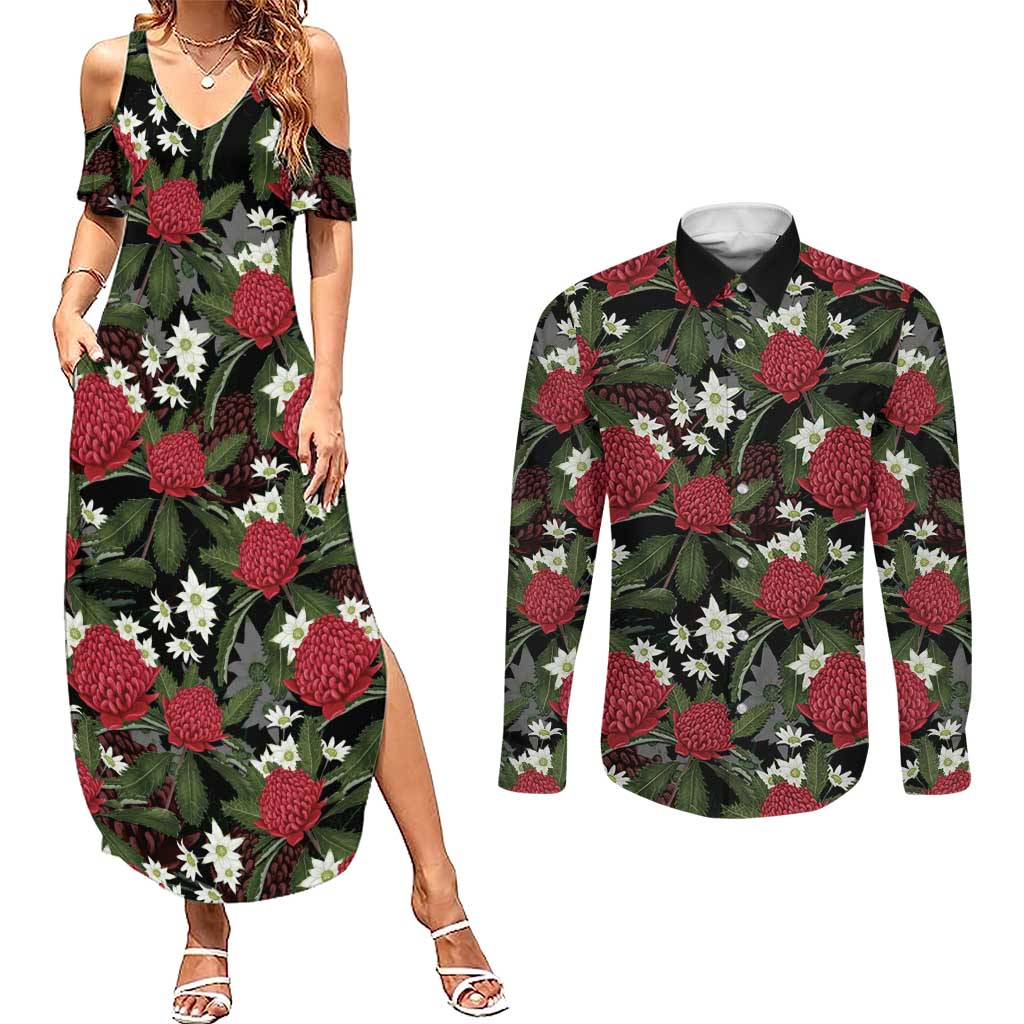 Australia Waratah Flannel Flower Couples Matching Summer Maxi Dress and Long Sleeve Button Shirt Aussie Native Flowers Seamless Stylized - Aussie Hoodie