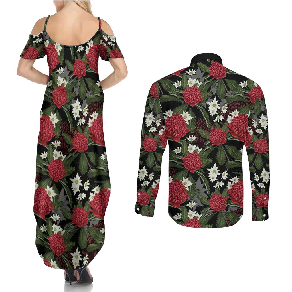 Australia Waratah Flannel Flower Couples Matching Summer Maxi Dress and Long Sleeve Button Shirt Aussie Native Flowers Seamless Stylized - Aussie Hoodie