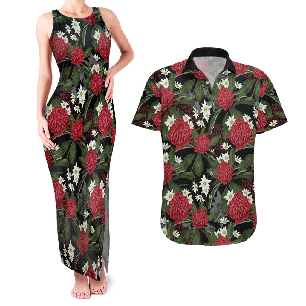 Australia Waratah Flannel Flower Couples Matching Tank Maxi Dress and Hawaiian Shirt Aussie Native Flowers Seamless Stylized - Aussie Hoodie