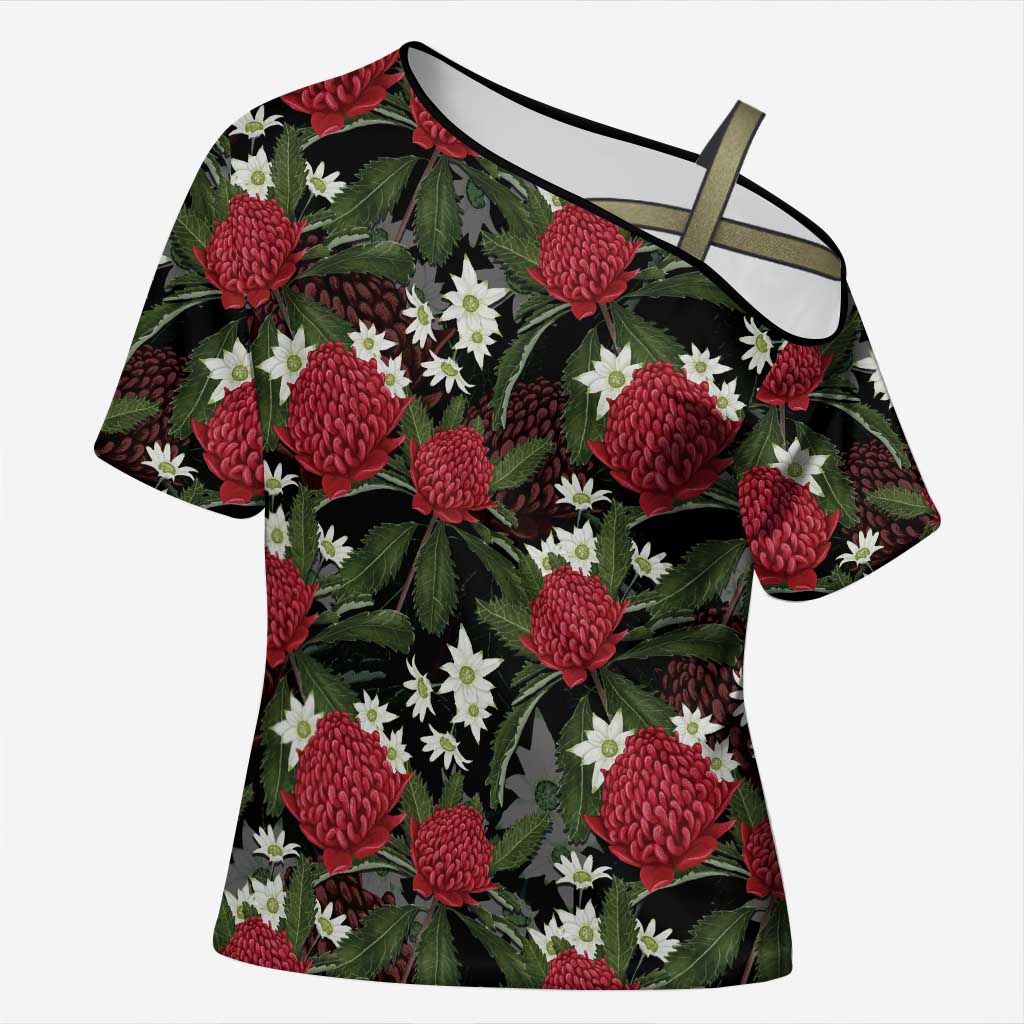 Australia Waratah Flannel Flower Cross Shoulder Shirt Aussie Native Flowers Seamless Stylized - Aussie Hoodie
