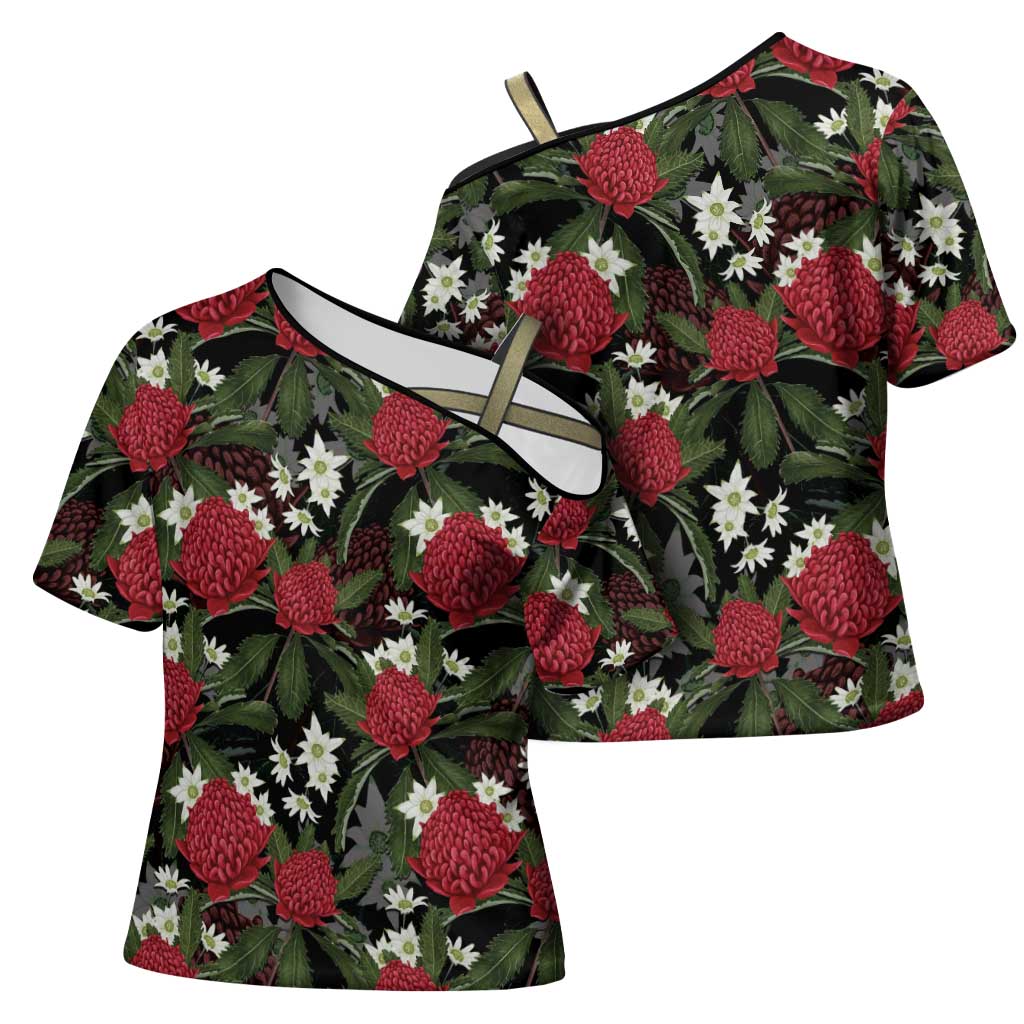 Australia Waratah Flannel Flower Cross Shoulder Shirt Aussie Native Flowers Seamless Stylized - Aussie Hoodie