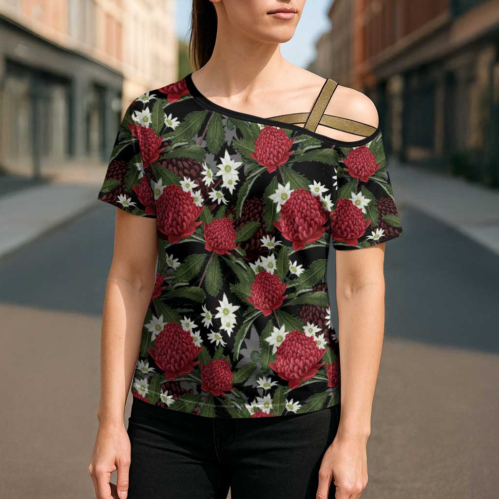 Australia Waratah Flannel Flower Cross Shoulder Shirt Aussie Native Flowers Seamless Stylized - Aussie Hoodie