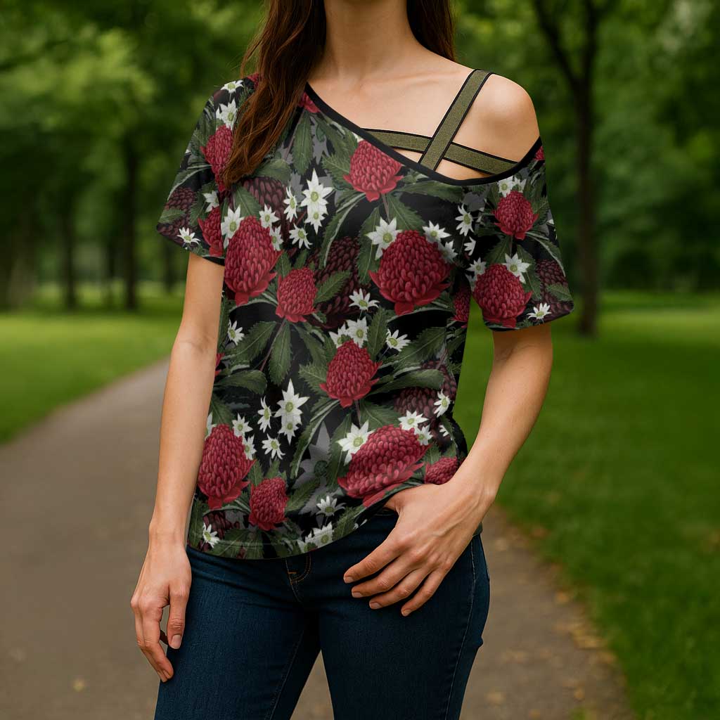 Australia Waratah Flannel Flower Cross Shoulder Shirt Aussie Native Flowers Seamless Stylized - Aussie Hoodie