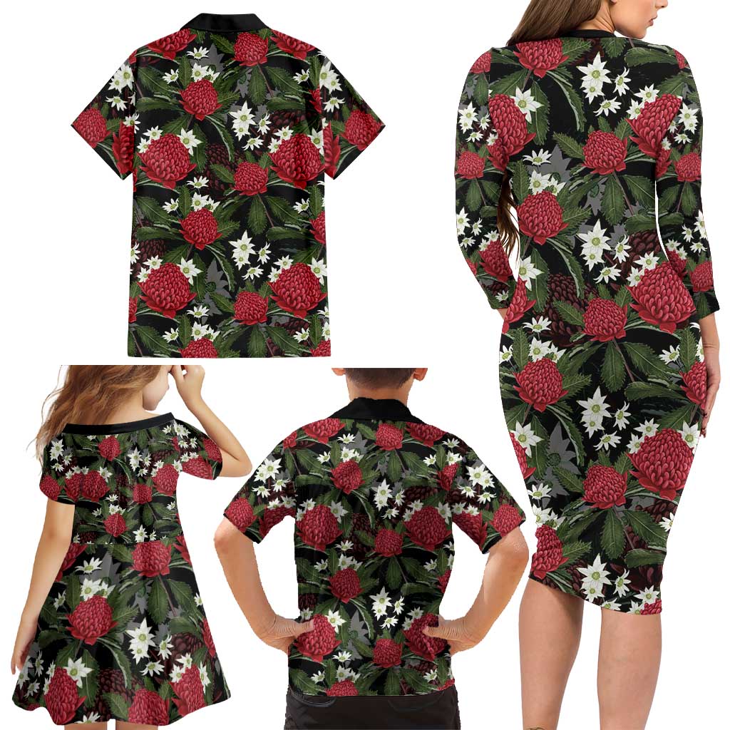 Australia Waratah Flannel Flower Family Matching Long Sleeve Bodycon Dress and Hawaiian Shirt Aussie Native Flowers Seamless Stylized - Aussie Hoodie