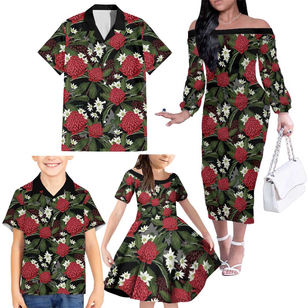 Australia Waratah Flannel Flower Family Matching Off The Shoulder Long Sleeve Dress and Hawaiian Shirt Aussie Native Flowers Seamless Stylized - Aussie Hoodie