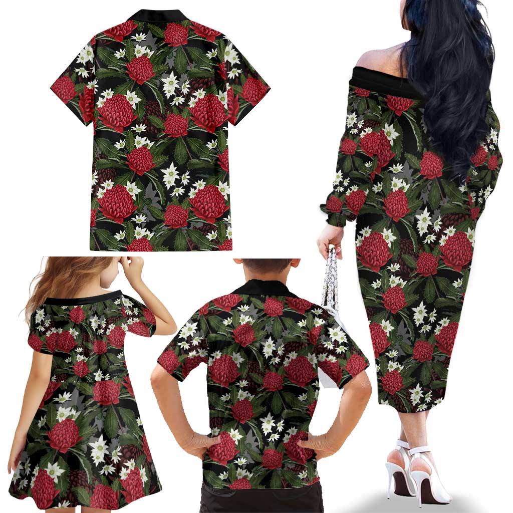 Australia Waratah Flannel Flower Family Matching Off The Shoulder Long Sleeve Dress and Hawaiian Shirt Aussie Native Flowers Seamless Stylized - Aussie Hoodie