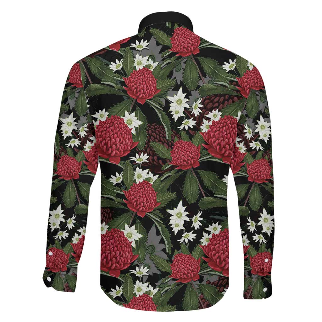 Australia Waratah Flannel Flower Family Matching Off The Shoulder Long Sleeve Dress and Hawaiian Shirt Aussie Native Flowers Seamless Stylized - Aussie Hoodie