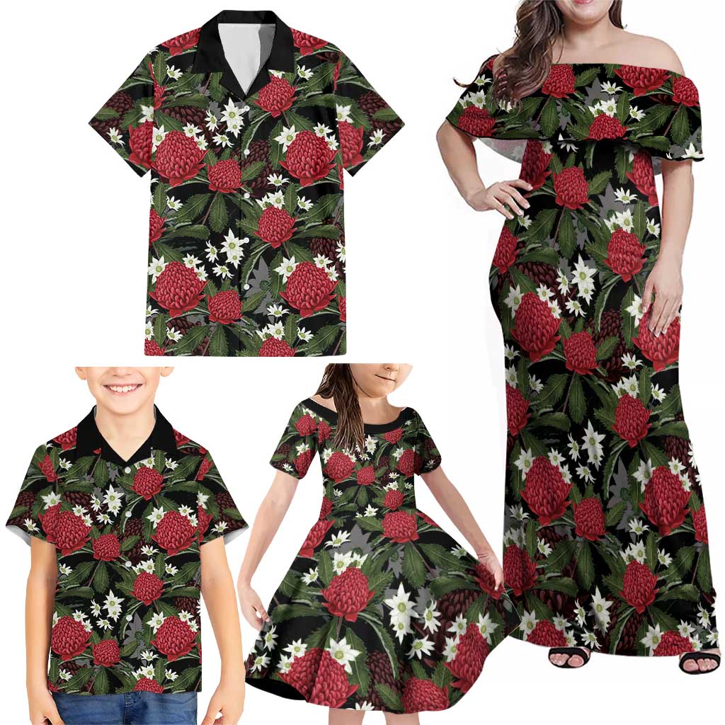 Australia Waratah Flannel Flower Family Matching Off Shoulder Maxi Dress and Hawaiian Shirt Aussie Native Flowers Seamless Stylized - Aussie Hoodie