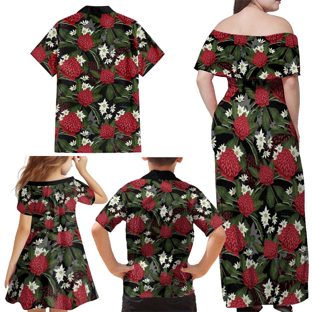Australia Waratah Flannel Flower Family Matching Off Shoulder Maxi Dress and Hawaiian Shirt Aussie Native Flowers Seamless Stylized - Aussie Hoodie