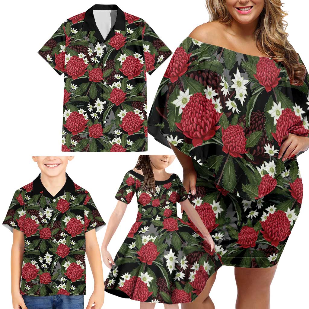 Australia Waratah Flannel Flower Family Matching Off Shoulder Short Dress and Hawaiian Shirt Aussie Native Flowers Seamless Stylized - Aussie Hoodie