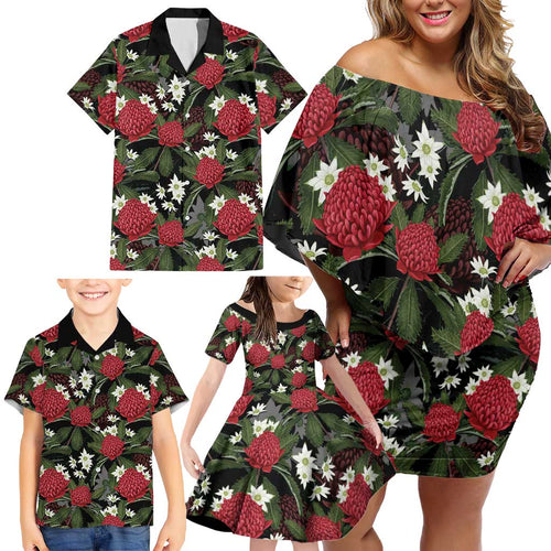 Australia Waratah Flannel Flower Family Matching Off Shoulder Short Dress and Hawaiian Shirt Aussie Native Flowers Seamless Stylized - Aussie Hoodie