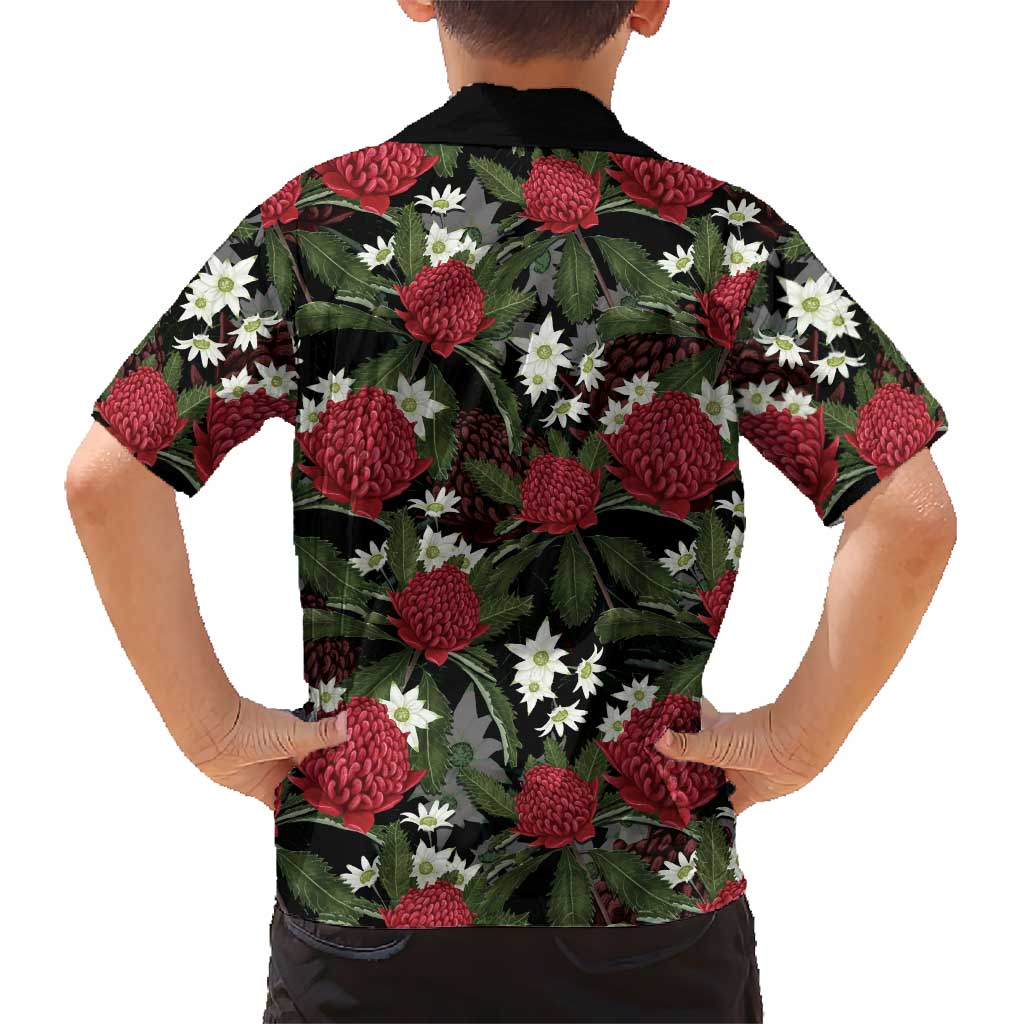 Australia Waratah Flannel Flower Family Matching Off Shoulder Short Dress and Hawaiian Shirt Aussie Native Flowers Seamless Stylized - Aussie Hoodie