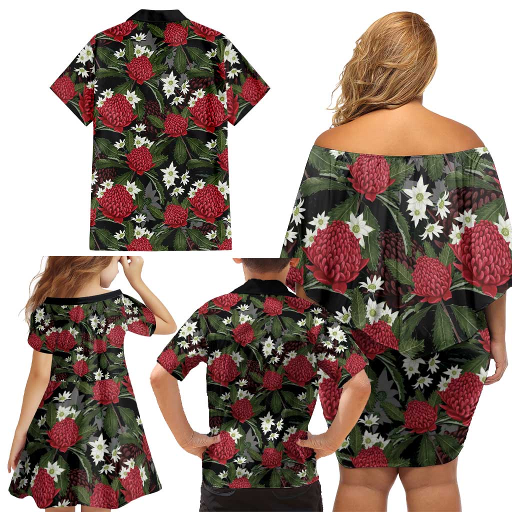 Australia Waratah Flannel Flower Family Matching Off Shoulder Short Dress and Hawaiian Shirt Aussie Native Flowers Seamless Stylized - Aussie Hoodie