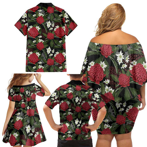 Australia Waratah Flannel Flower Family Matching Off Shoulder Short Dress and Hawaiian Shirt Aussie Native Flowers Seamless Stylized - Aussie Hoodie