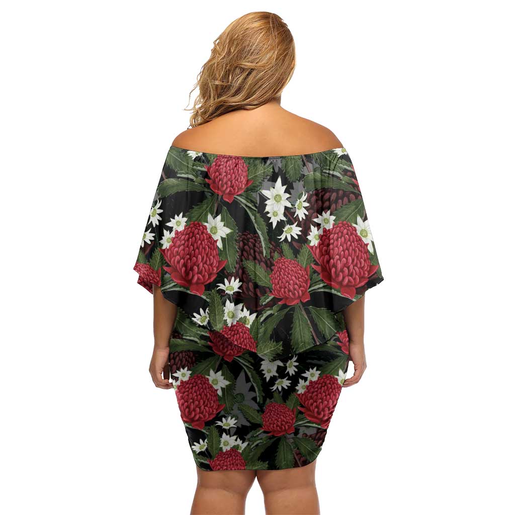 Australia Waratah Flannel Flower Family Matching Off Shoulder Short Dress and Hawaiian Shirt Aussie Native Flowers Seamless Stylized - Aussie Hoodie