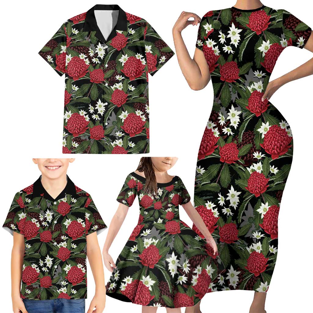 Australia Waratah Flannel Flower Family Matching Short Sleeve Bodycon Dress and Hawaiian Shirt Aussie Native Flowers Seamless Stylized - Aussie Hoodie