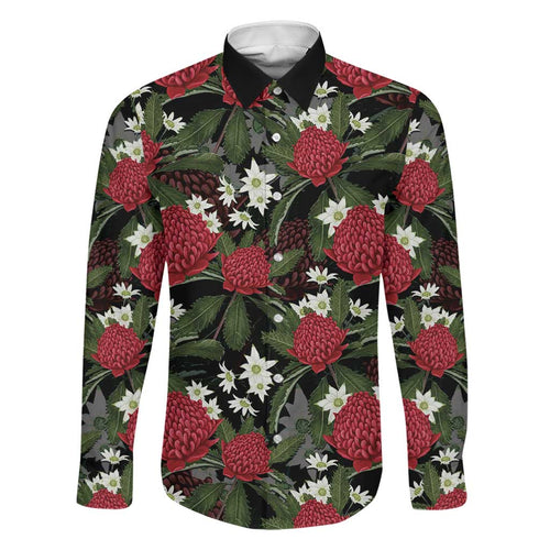 Australia Waratah Flannel Flower Family Matching Short Sleeve Bodycon Dress and Hawaiian Shirt Aussie Native Flowers Seamless Stylized - Aussie Hoodie