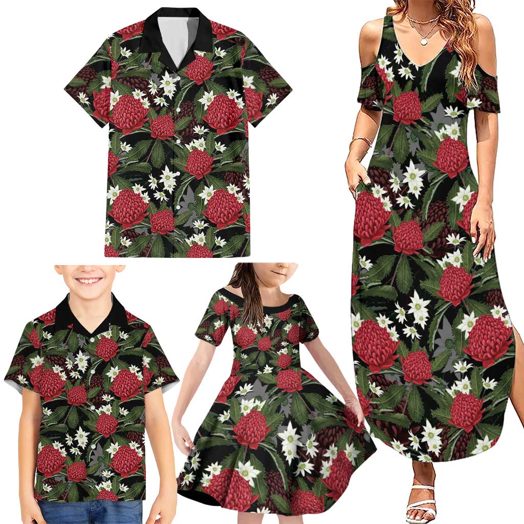 Australia Waratah Flannel Flower Family Matching Summer Maxi Dress and Hawaiian Shirt Aussie Native Flowers Seamless Stylized - Aussie Hoodie