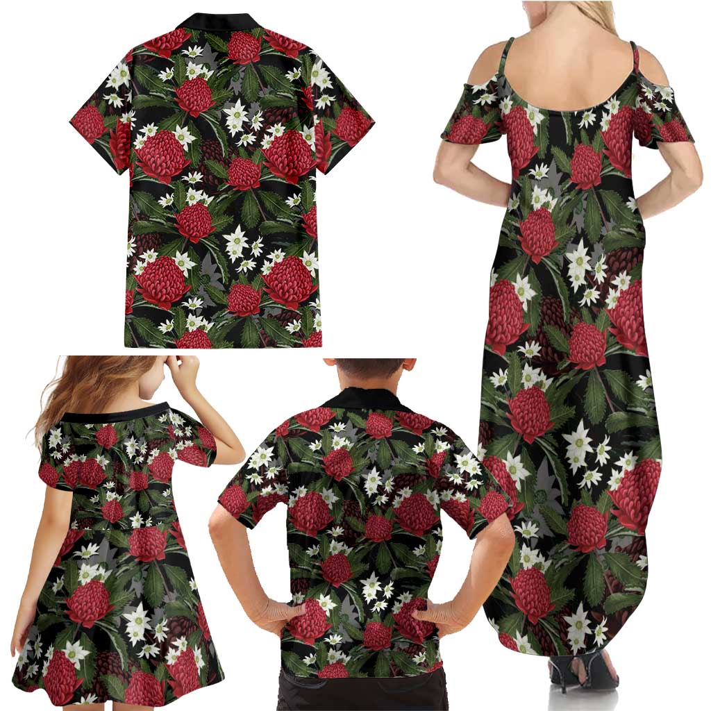 Australia Waratah Flannel Flower Family Matching Summer Maxi Dress and Hawaiian Shirt Aussie Native Flowers Seamless Stylized - Aussie Hoodie