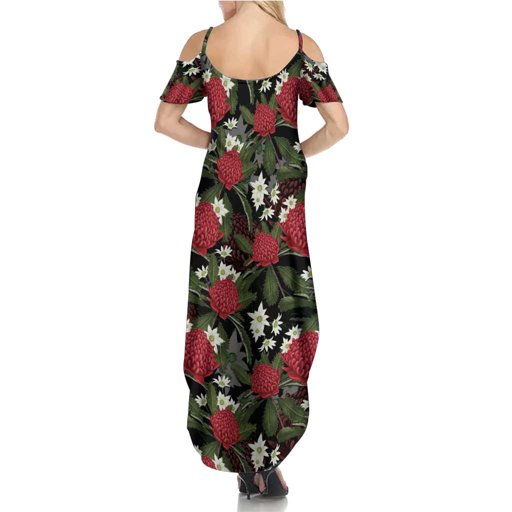 Australia Waratah Flannel Flower Family Matching Summer Maxi Dress and Hawaiian Shirt Aussie Native Flowers Seamless Stylized - Aussie Hoodie