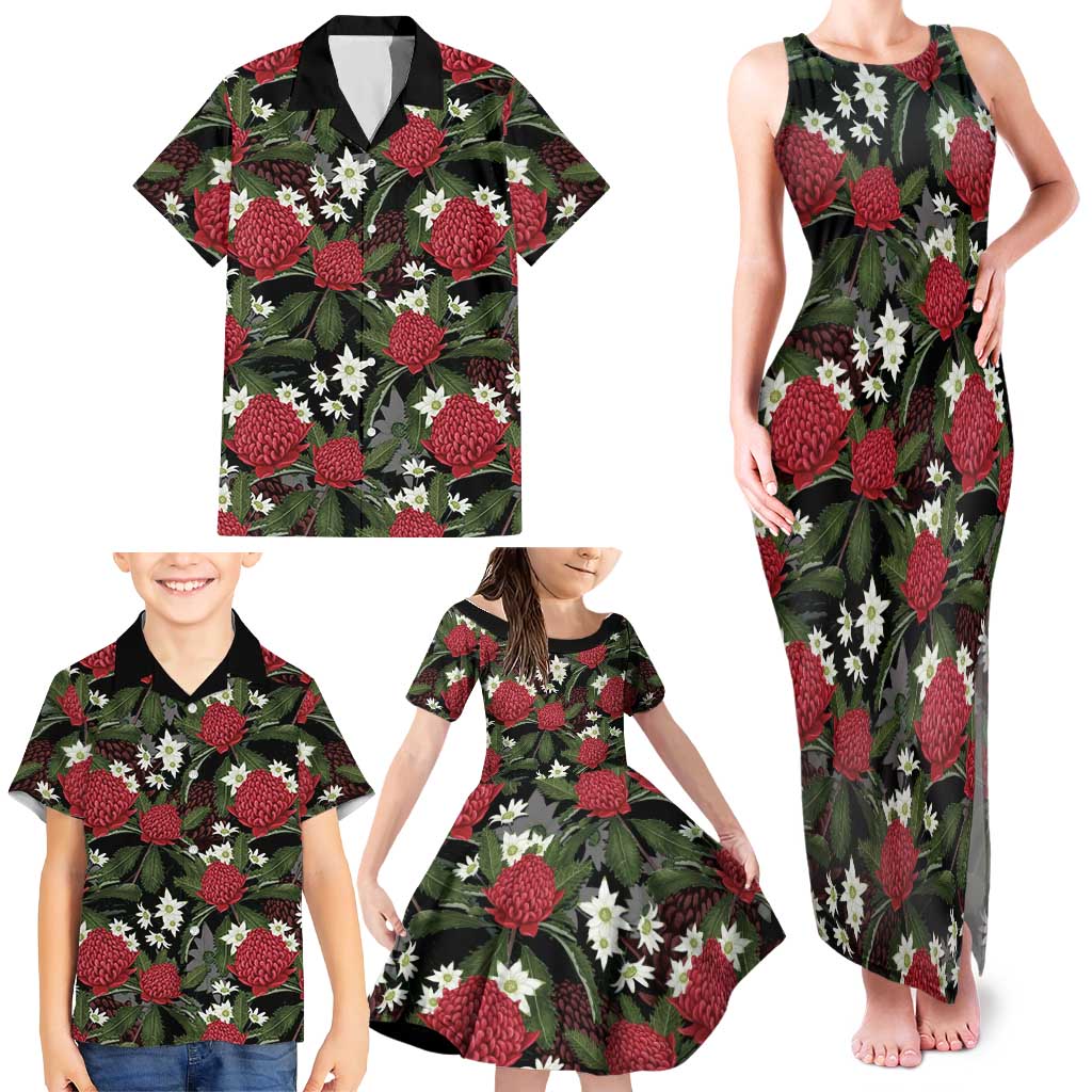 Australia Waratah Flannel Flower Family Matching Tank Maxi Dress and Hawaiian Shirt Aussie Native Flowers Seamless Stylized - Aussie Hoodie