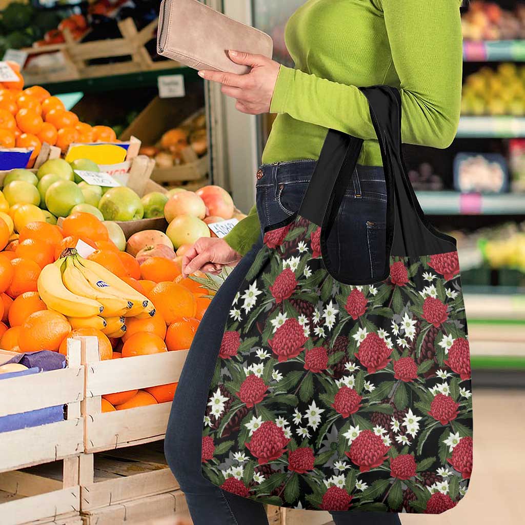 Australia Waratah Flannel Flower Grocery Bag Aussie Native Flowers Seamless Stylized - Aussie Hoodie