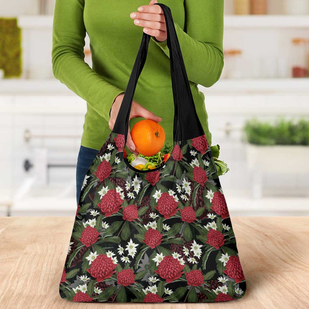 Australia Waratah Flannel Flower Grocery Bag Aussie Native Flowers Seamless Stylized - Aussie Hoodie