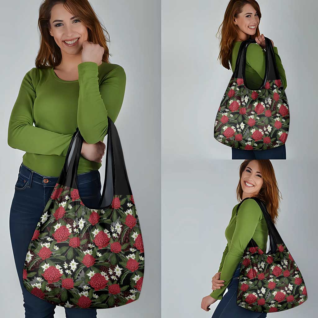 Australia Waratah Flannel Flower Grocery Bag Aussie Native Flowers Seamless Stylized - Aussie Hoodie
