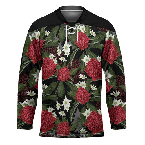 Australia Waratah Flannel Flower Hockey Jersey Aussie Native Flowers Seamless Stylized - Aussie Hoodie