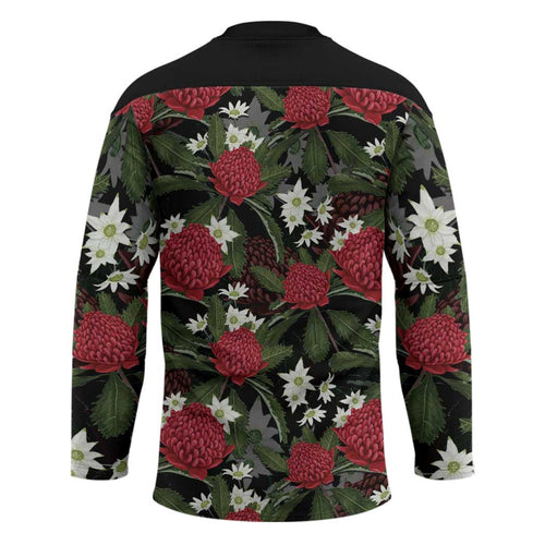 Australia Waratah Flannel Flower Hockey Jersey Aussie Native Flowers Seamless Stylized - Aussie Hoodie