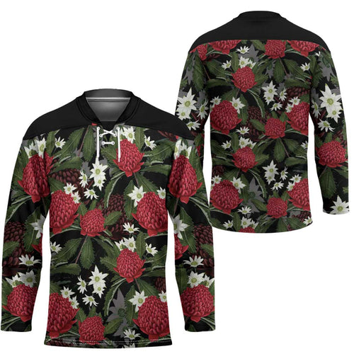 Australia Waratah Flannel Flower Hockey Jersey Aussie Native Flowers Seamless Stylized - Aussie Hoodie