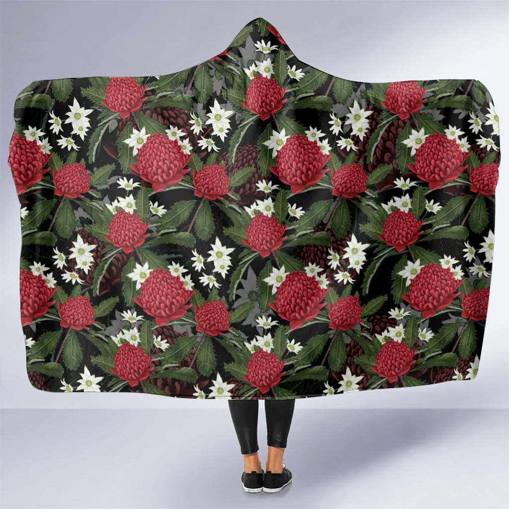Australia Waratah Flannel Flower Hooded Blanket Aussie Native Flowers Seamless Stylized - Aussie Hoodie
