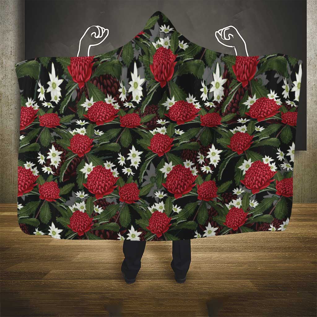 Australia Waratah Flannel Flower Hooded Blanket Aussie Native Flowers Seamless Stylized - Aussie Hoodie