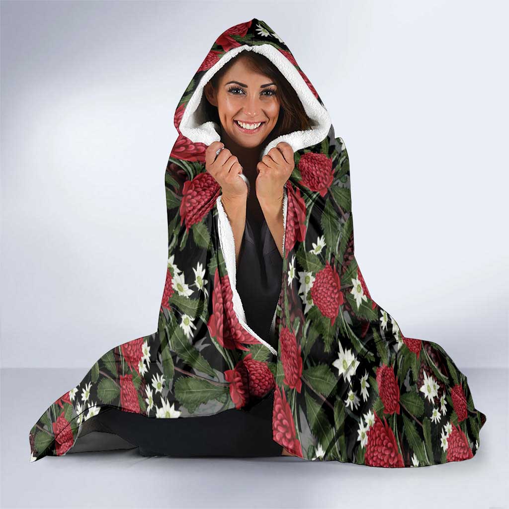 Australia Waratah Flannel Flower Hooded Blanket Aussie Native Flowers Seamless Stylized - Aussie Hoodie