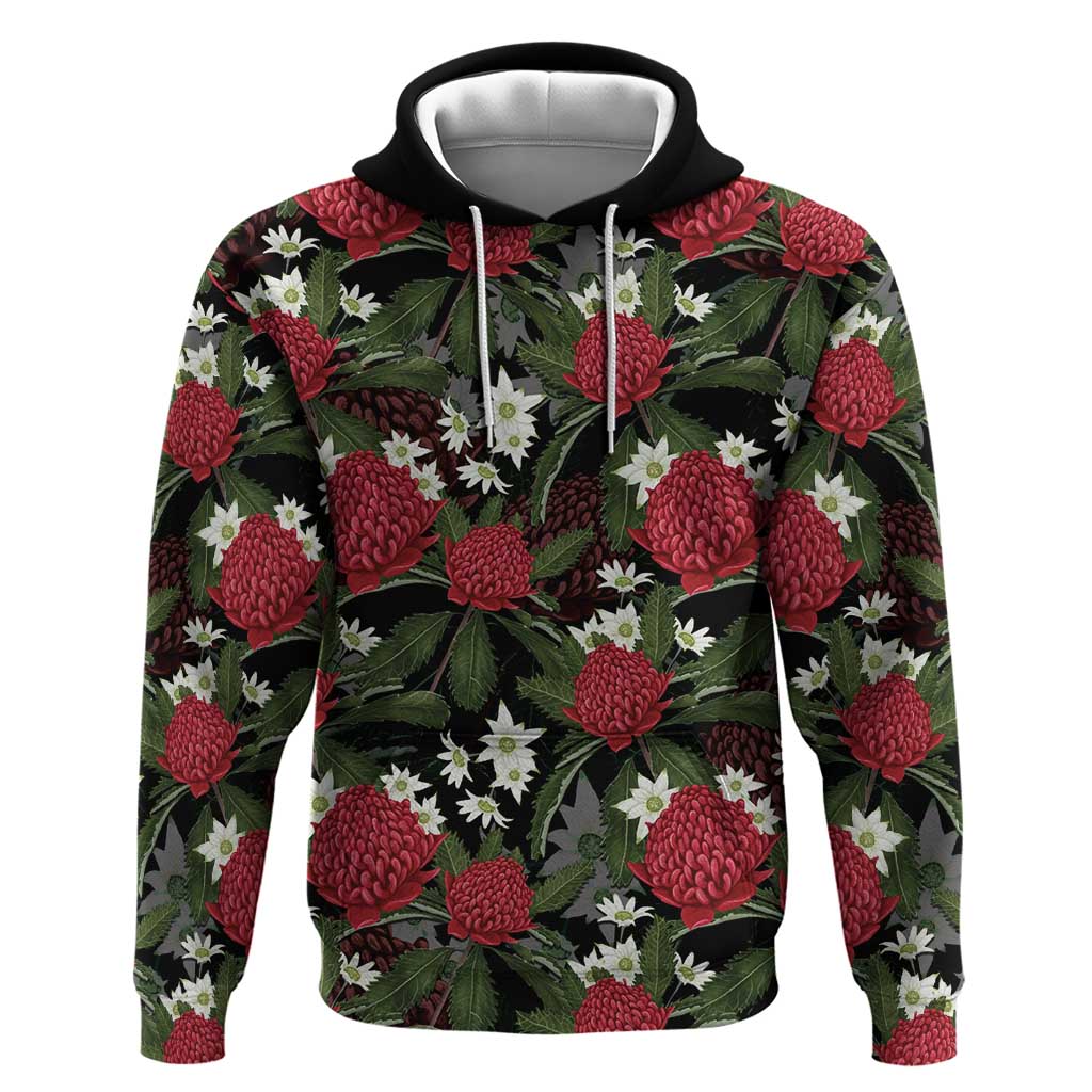 Australia Waratah Flannel Flower Hoodie Aussie Native Flowers Seamless Stylized - Aussie Hoodie