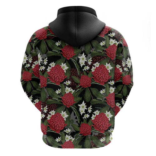 Australia Waratah Flannel Flower Hoodie Aussie Native Flowers Seamless Stylized - Aussie Hoodie